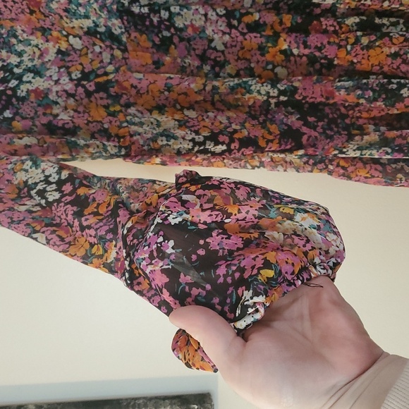 Vince Camuto Floral Babydoll Mini Dress Size Large Sheer Longsleeve Split V-Neck - Picture 5 of 13